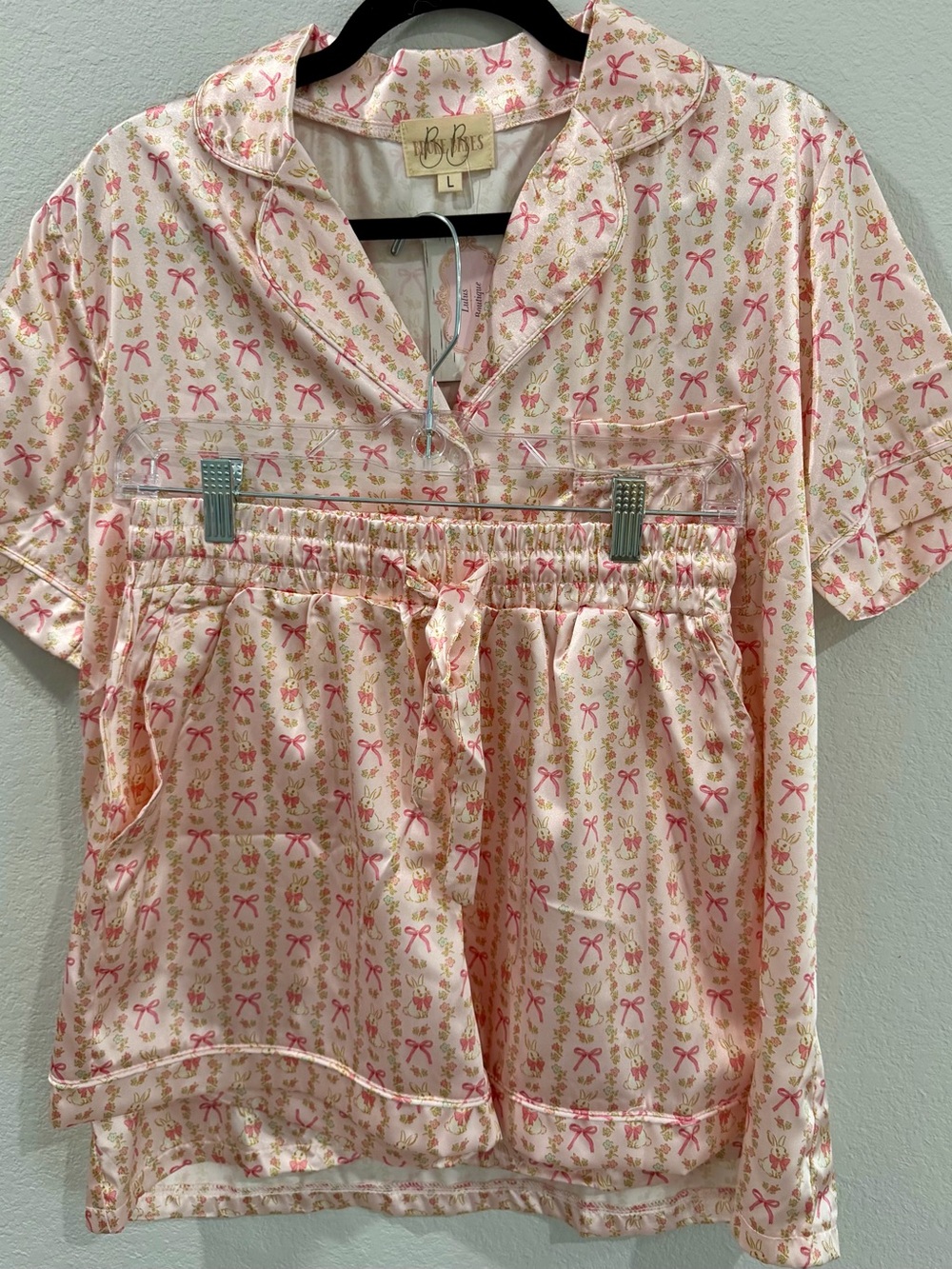 Broke Bees Light Pink Hot Pink Bows Satin Two-Piece Bunny Rabbit Pajamas Set L